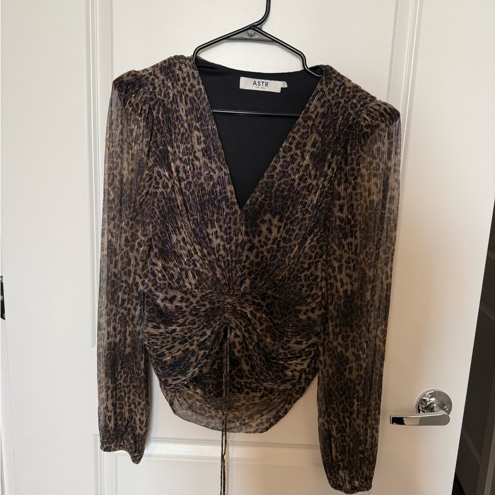 ASTR Leopard Print Blouse with Sheer Sleeves